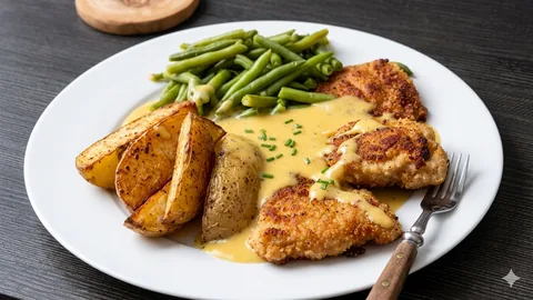 Cordon Bleu mit Bohnen und Kartoffelecken